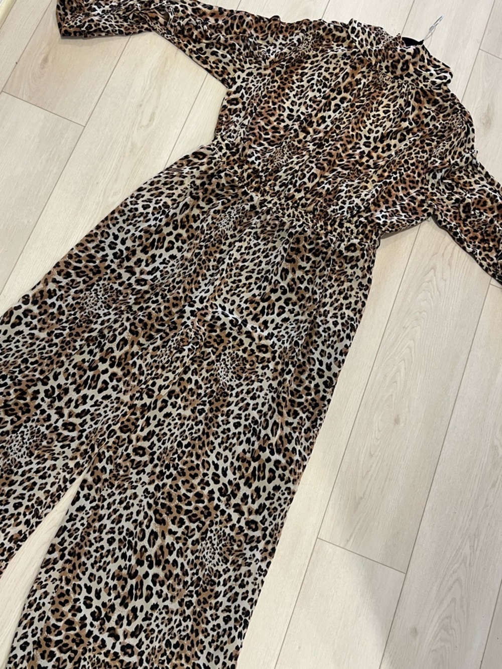 Leopard Print Long-Sleeve Jumpsuit in Brown